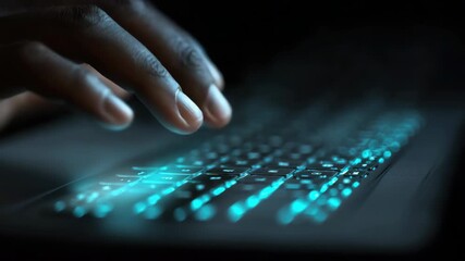 Illuminated Keyboard: The image captures the focused hands of an individual, their fingers hovering over a sleek, glowing keyboard that seems to pulse with digital energy. 