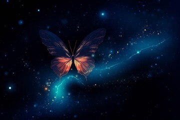 Wall Mural - A glowing cosmic butterfly flying through a star-filled sky, magical and vibrant 