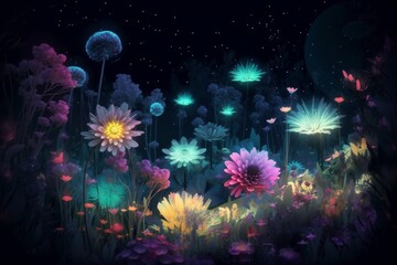 Wall Mural - A digital garden with neon flowers blooming under a bright moonlight 
