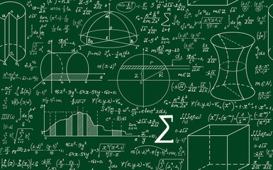 Wall Mural - scientific physical and math vector seamless pattern with handwritten formulas, figures and calculat