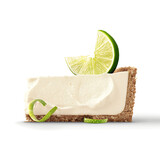 A slice of key lime pie with a graham cracker crust, topped with lime slices and zest on a white background.