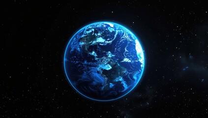 A digitally rendered Earth, predominantly blue, is set against a backdrop of a star-studded black space.  The planet's continents are faintly visible, illuminated with a subtle blue glow