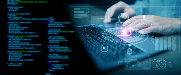 Cyber security digital technology with glowing code padlock icon on laptop, concept of data protection, information safety, encrypted communication, online privacy and secure network system.
