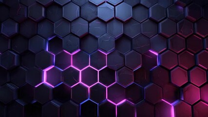 Wall Mural - dark hexagon pattern with glowing purple and pink neon lights creates futuristic abstract background
