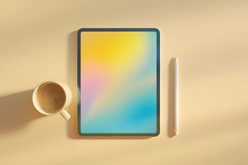 Tablet coffee stylus on yellow background image