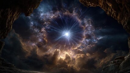 Wall Mural - Bright star in cosmic nebula with glowing clouds and rocky cave opening creating dramatic awe inspiring celestial scene full of light mystery in space galaxy sky rock cloud