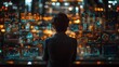 © Thares2020 - A professional observing a wall of glowing digital screens filled with complex data analytics and charts