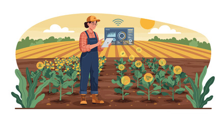 Farmer using tablet in field with digital display, monitoring crop data and growth analytics. Concept for precision agriculture, smart farming solutions and sustainable agricultural practices