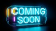 © perfectlab - Bright neon coming soon sign in futuristic glowing glass frame on dark black background