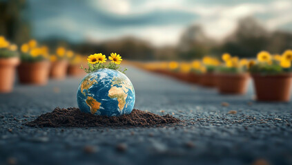 Earth globe with sunflowers growing on top, symbolizing growth and nature