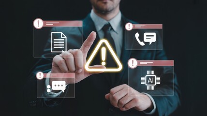Businessman touching a warning sign with ai and communication icons