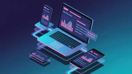 Isometric devices with data charts and neon light on dark background
