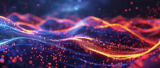 Wall Mural - Flowing stream of glowing digital particles across dark gradient space, futuristic abstract technology background, ultra-detailed 4K