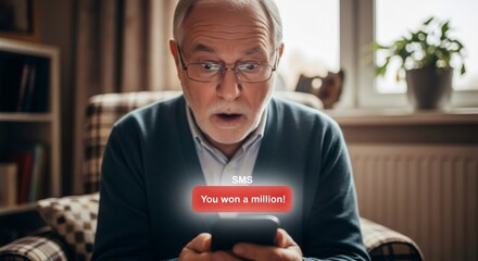 Senior man shocked by fake SMS message on phone. Caucasian elder male reading 