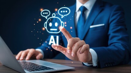 Businessman using laptop with artificial intelligence chatbot assistant