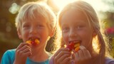 Children eating gummy candy outside enjoying sweets kids having fun with snacks childhood summer treats