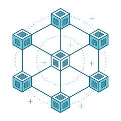 Blockchain technology design : a visual representation of a decentralized digital ledger, showcasing interconnected blocks and data transfer.