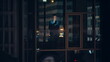 © stockbusters - Silhouetted businesswoman standing window typing smartphone alone at night hours