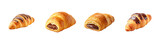 Delicious chocolate croissant and pain au chocolat pastry variety with rich dark chocolate, isolated on black, PNG set, transparent background
