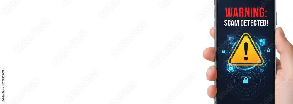 Hand holds smartphone with a scam alert warning and exclamation mark on ...