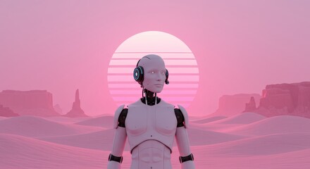 A sophisticated robot stands in a vibrant, pink desert landscape, bathed in retro-inspired light.