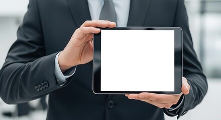 Sophisticated man in suit displaying blank tablet screen for messaging overlay, presentation.