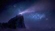 © orange777 - Celestial beacon on a rugged coastal cliff, its guiding light beam cutting through the misty night under a dreamy, starlit galaxy