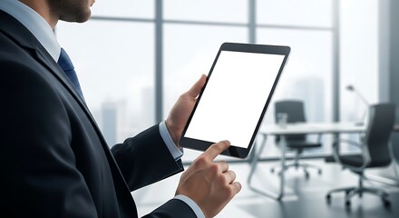 Professional is using a modern tablet with a blank screen in an office setting.
