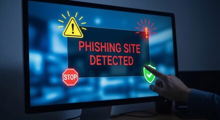 Man's hand selecting security shield button on monitor displaying phishing site detected. Concept of cybersecurity against scam and fraud.