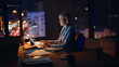 © stockbusters - Hardworking woman typing laptop at evening workspace closeup. Freelancer calling