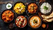 © mila103 - A vibrant display of traditional Indian cuisine features multiple curry varieties, fragrant rice, naan bread, and yogurt sauce, set on a dark wooden table.