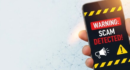 Man holding smartphone with a warning message 