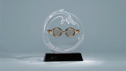 Modern gold goggles displayed in elegant glass award trophy with black base on minimal light blue background