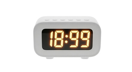 A modern digital alarm clock displays the time 18 59 in warm yellow numerals symbolizing the on transparent background