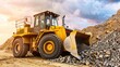 © chen - Wheel loader with a large yellow metal body, a front bucket, and heavy-duty tires, operating at a construction site or mine to load soil, gravel, and rocks into trucks, equipped with a driver’s cab an