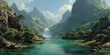 © Michael - Majestic waterfall cascading into tranquil lake surrounded by lush mountains and clear blue sky in mid-afternoon