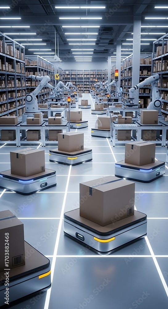 Automated robotic arms and delivery robots work together in a modern ...