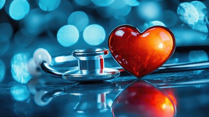 Wall Mural - a red heart with a stethoscope on a blue and white bokeh background.
