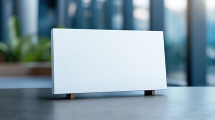Blank Display Stand on a Wooden Table with a Modern Background, Ideal for Presentations or Signage in Contemporary Environments