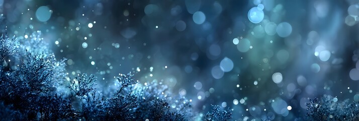 Abstract, serene background is composed of beautiful blue bokeh lights, softly out of focus, creating a dreamy and magical, diffused atmosphere.