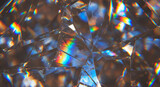 Abstract 3D background showing prismatic light dispersion through glass plates. Close-up of an iridescent blue-brown crystal pattern with chromatic aberration. Futuristic technology texture wallpaper