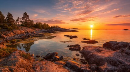 Wall Mural - Golden sunlight reflects on calm waters at a coastal location during sunset. The rocky shoreline is silhouetted against the colorful sky, creating a serene atmosphere.