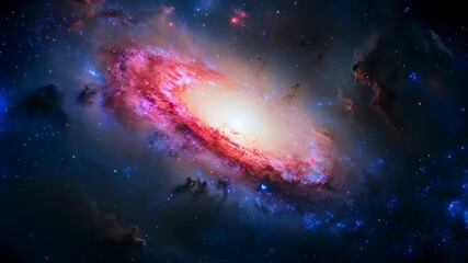 Wall Mural - Seamless space background. Looping rotation of pink galaxy with sun in the center. Twinkling stars and moving asteroid.