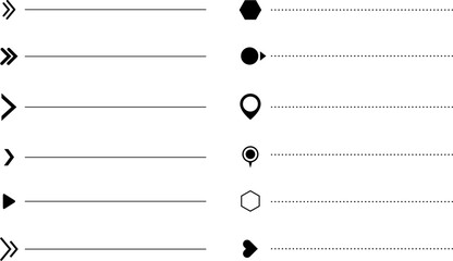 Bullet points. List icon set with geometric shapes, arrows, stars, hearts. Minimal user interface elements for apps, websites, infographics, UI UX design, web development, presentations. Isolated