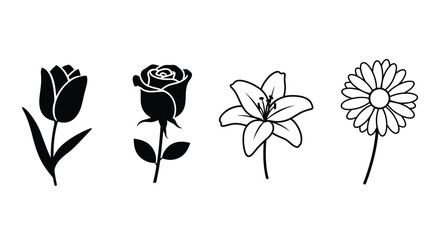 Four distinct flowers including tulip rose lily and daisy silhouettes and line art designs vector