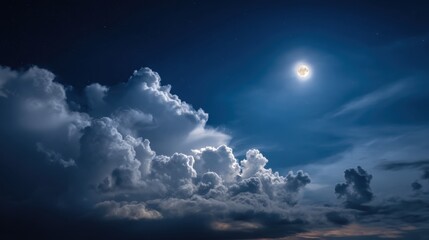 Wall Mural - A full moon shines brightly in the night sky, surrounded by wispy clouds that create a stunning contrast. Stars sparkle above, enhancing the tranquil atmosphere.