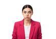 © Vectarica - Woman puffed cheeks pink blazer funny expression shocked face reaction portrait photo png isolated on transparent background