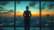 © MABRUR - Silhouette of businesswoman viewing cityscape at sunset through large window