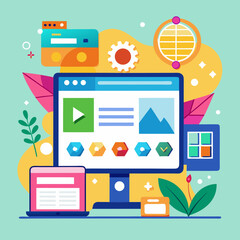 Website design with computer screen and various icons