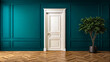 © Adnan Gee - Elegant white door against a teal wall with wood floor